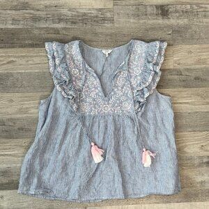 Crown + Ivy blue stripe floral embroidered top flutter sleeve linen size XL F18